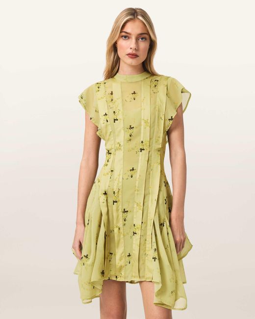 AllSaints Green Viscose Fleur Printed Asymmetric Mini Dress, /Us 2