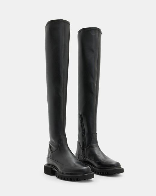 AllSaints Black Leona Over The Knee Leather Boots