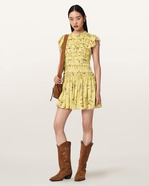 AllSaints Yellow Lauren Floral Ruffle Mini Dress