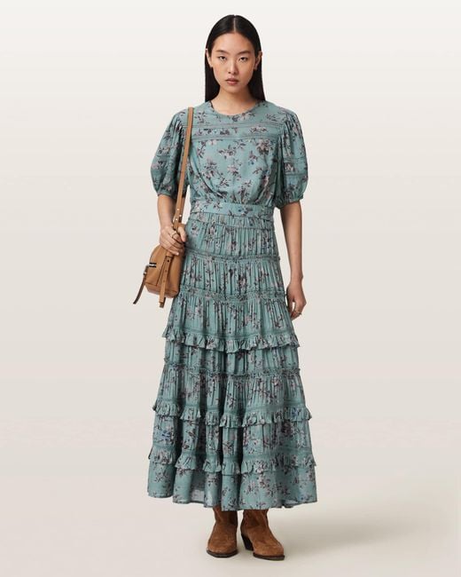 AllSaints Blue Polyester Talia Printed Midi Skirt, /Us 2