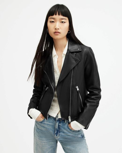 AllSaints Black Dalby Slim Fit Leather Biker Jacket