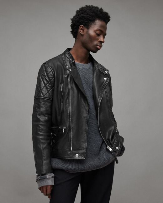 AllSaints Gray Whitson Hooded Crop Leather Biker Jacket for men