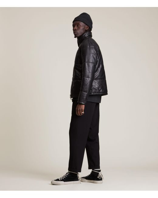 AllSaints Black Men's Slim Fit Coronet Leather Puffer Jacket for men
