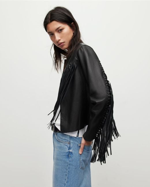 AllSaints Blue Reema Fringed Leather Tassel Jacket,