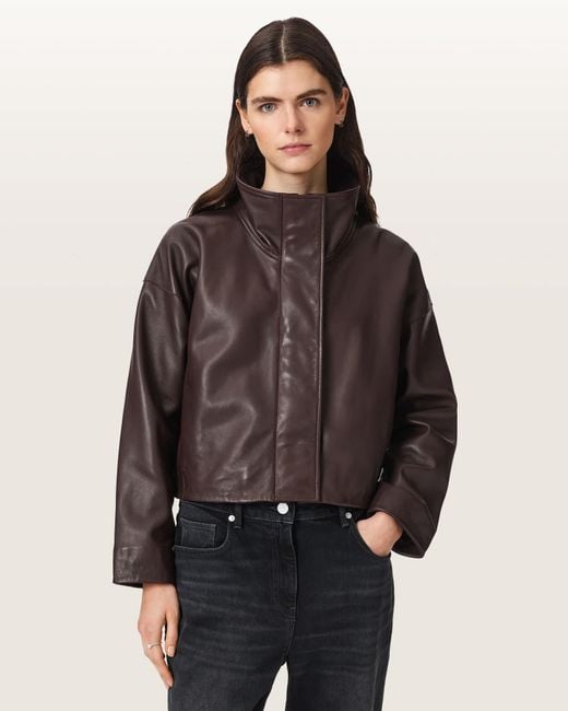 AllSaints Brown Ryder Funnel Neck Leather Jacket