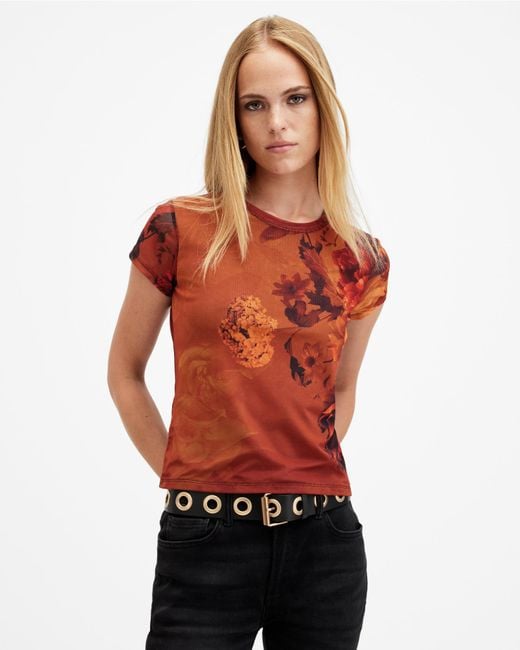AllSaints Red Ellie Mesh Floral Print T-Shirt,, Adela Burnt