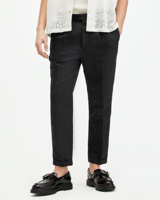 AllSaints Black Cross Tallis Linen Blend Slim Trousers, for men