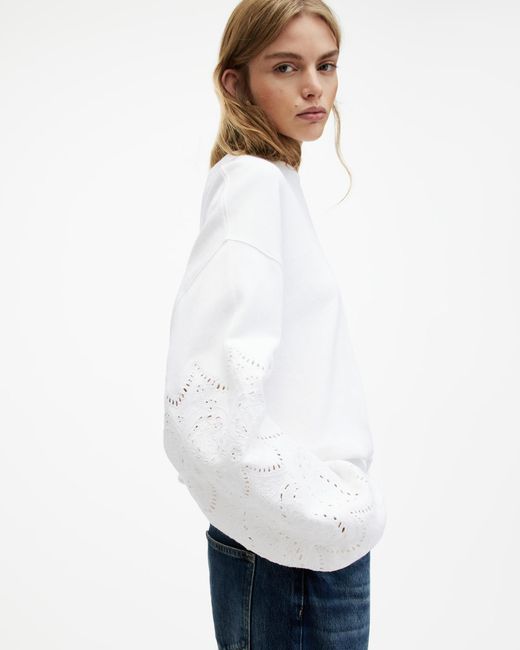 AllSaints White Agata Relaxed Fit Broderie Sweatshirt,