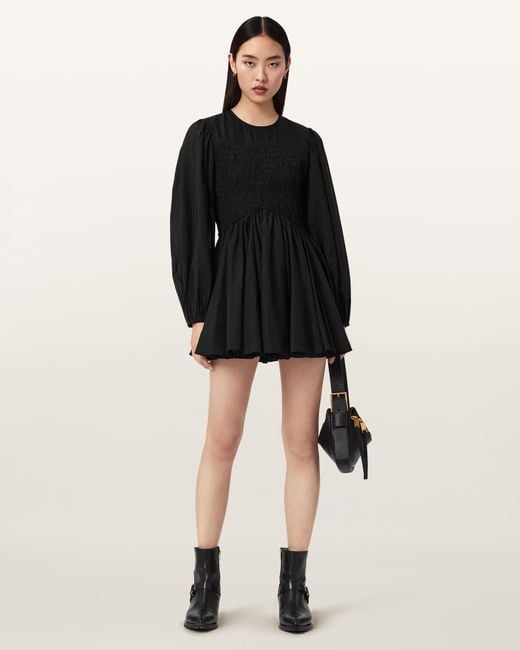 AllSaints Black Chia Smocked Mini Dress