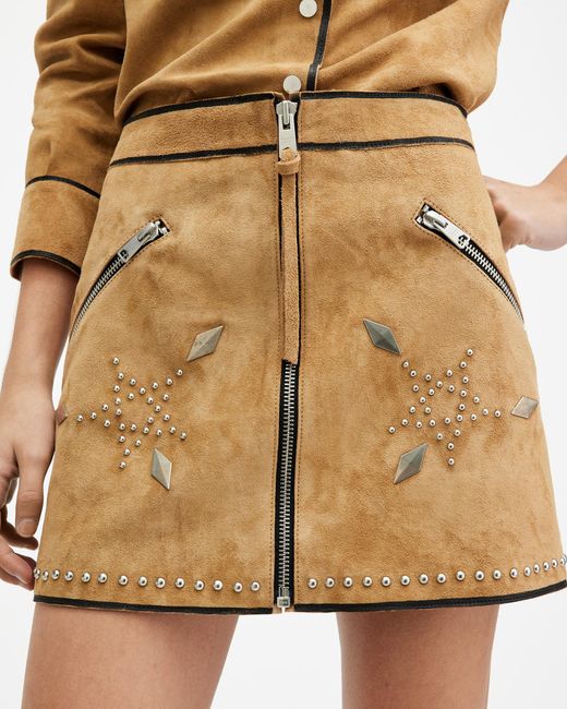 AllSaints Natural Karlson Studded Suede Mini Skirt