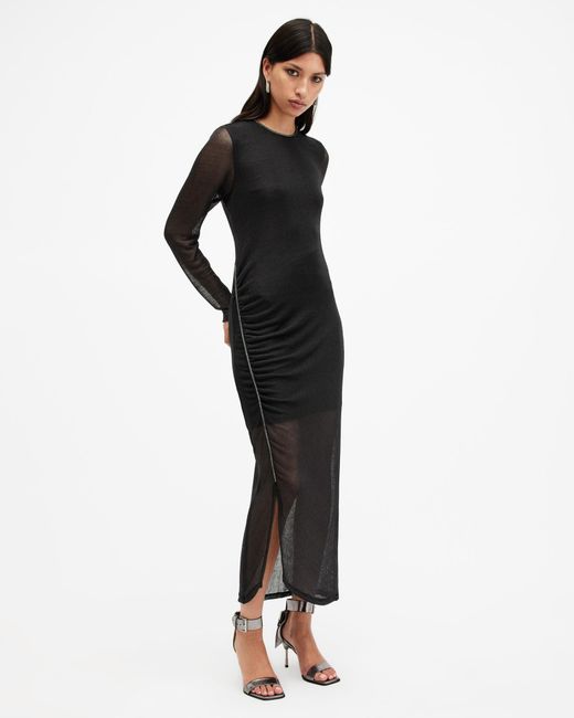 AllSaints Black Nora Ruched Sparkle Midi Dress,, Shimmer