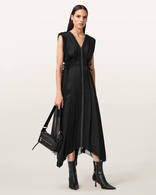 AllSaints White Polyester Amala Zip Detail Midi Dress, /Us 0