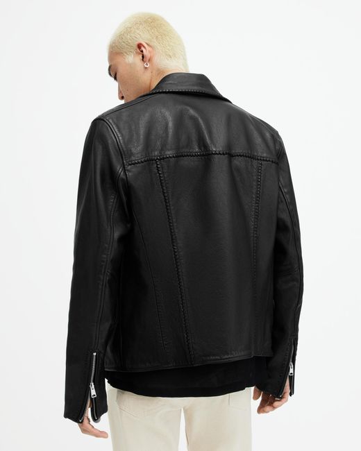AllSaints Black Warner Relaxed Fit Leather Biker Jacket for men