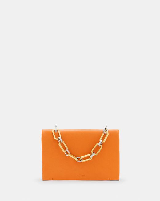 AllSaints Orange Yua Leather Removable Chain Clutch Bag