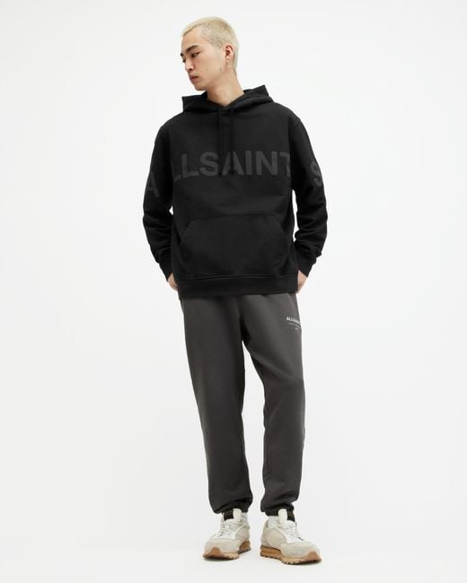 AllSaints Black Biggy Relaxed Fit Logo Print Hoodie, for men