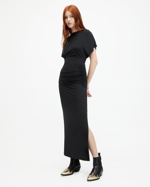 AllSaints Black Natalie Slim Fit Gathered Midi Dress