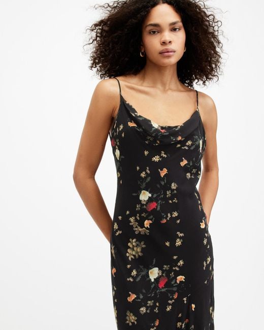 AllSaints Black Charlotte Kora Floral Print Midi Slip Dress,