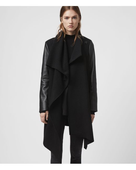 AllSaints Black Monument Lea Wool And Leather Coat
