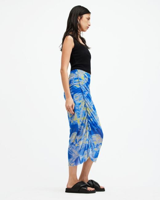 AllSaints Blue Nora Inspiral Mesh Midi Skirt