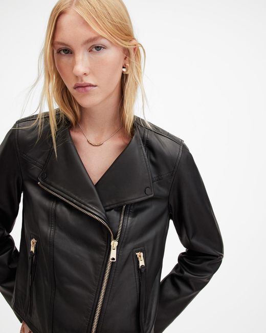 AllSaints Black Harley Collarless Leather Biker Jacket