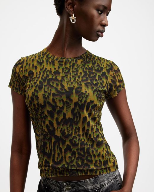 AllSaints Green Ellie Mesh Animal Print T-Shirt,, Teresa Khaki