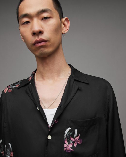 AllSaints Good Luck Horseshoe Print Relaxed Shirt in Gray for Men