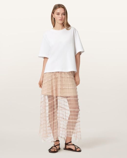 AllSaints Natural Celia Sheer Overlay Midi Skirt
