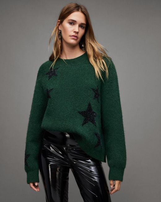 AllSaints Green Star Metallic Tinsel Brushed Sweater
