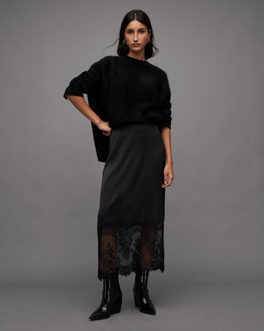 AllSaints Black Flora Lace Panel Midi Skirt