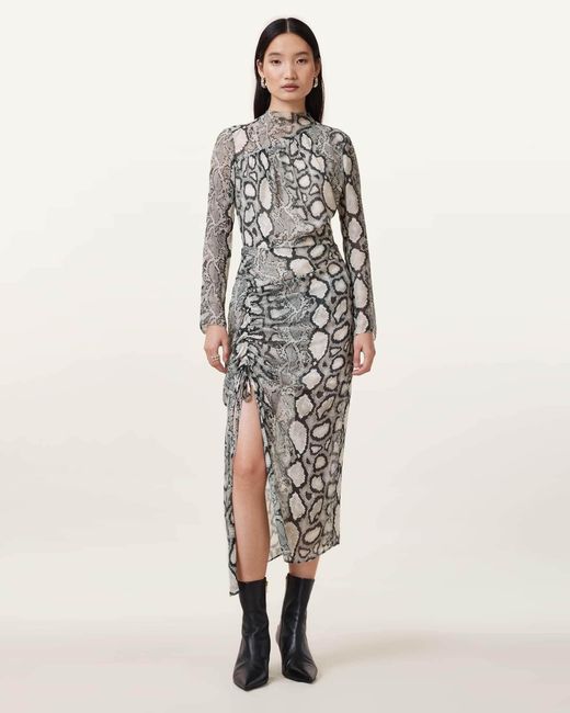 AllSaints Natural Viscose Rizo Snake Print Silk Blend Midi Dress, /Us 10