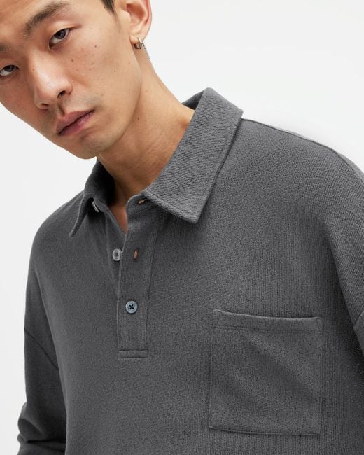 AllSaints Gray Eris Long Sleeve Oversized Polo Shirt for men
