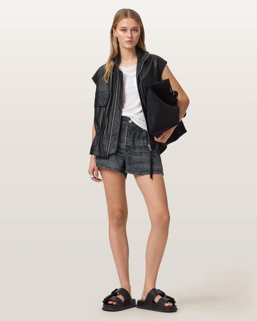 AllSaints Black Tyler Wide Leg Illusion Of Denim Shorts