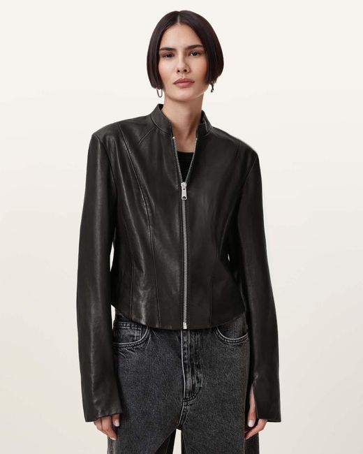 AllSaints Black Sadler Slim Fit Leather Jacket