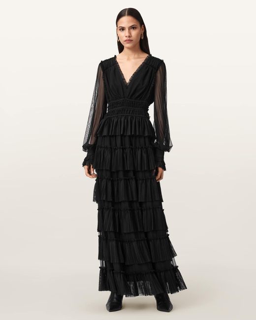 AllSaints Black Xantara Shirred Maxi Dress