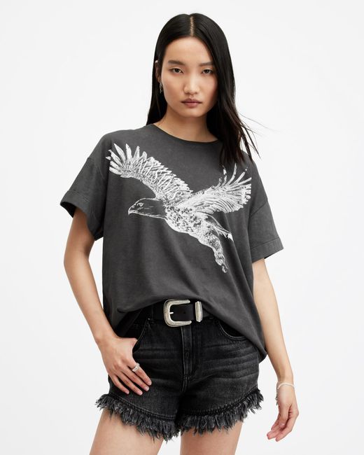 AllSaints Black Flite Briar Eagle Logo Acid Wash T-shirt,