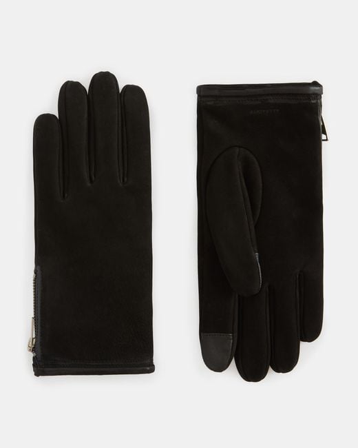 AllSaints Black Dylan Nubuck Leather Zip Gloves for men