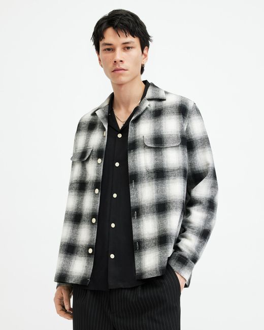 AllSaints Gray Fortunado Long Sleeve Check Embroidered Shirt, for men