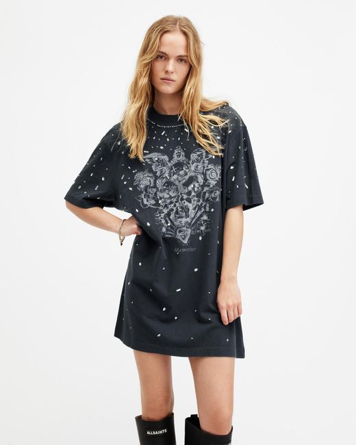 AllSaints Blue Scatter Beaded Oversized T-Shirt Dress,, Washed