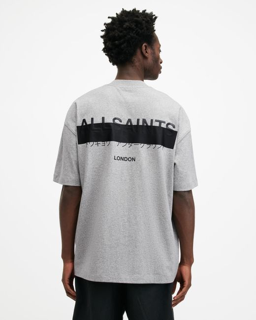 AllSaints Gray Redact Oversized Embroidered Logo T-shirt for men