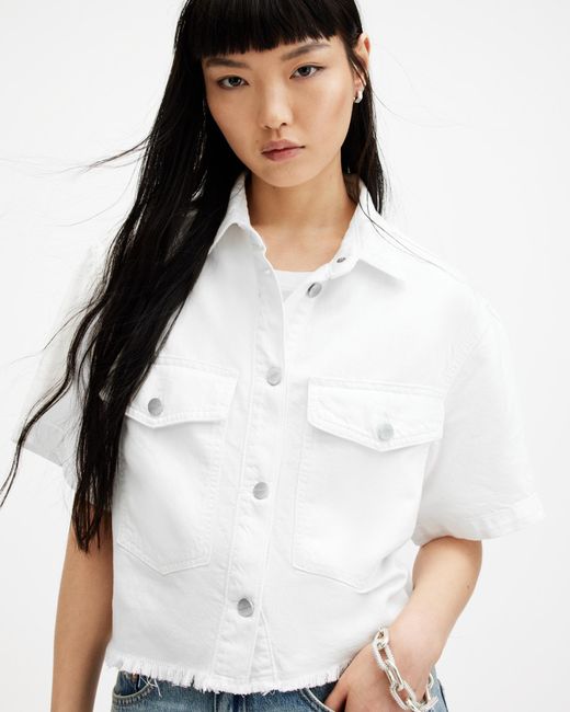 AllSaints White Tove Cropped Oversized Denim Shirt