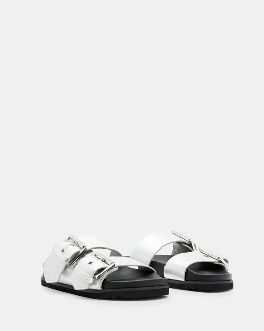 AllSaints White Sian Metallic Leather Buckle Sandals