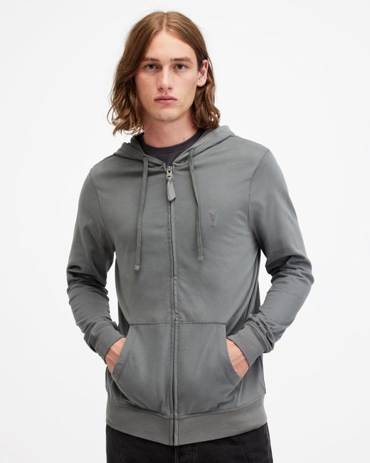 AllSaints Gray Brace Zip Up Brushed Cotton Hoodie for men