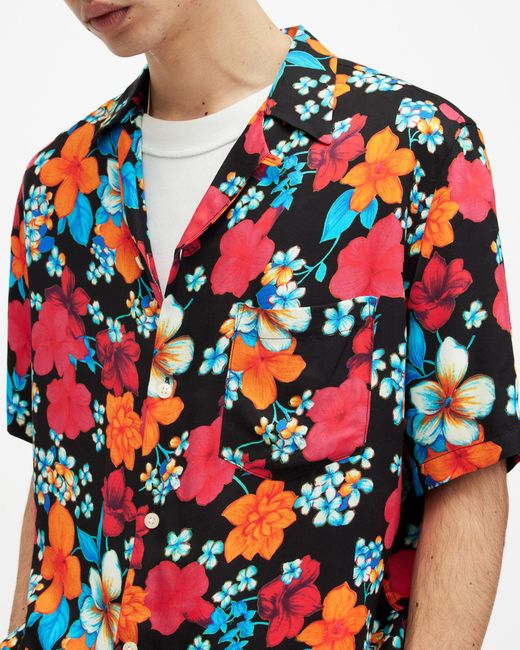 AllSaints Red Spiros Floral Print Relaxed Fit Shirt for men