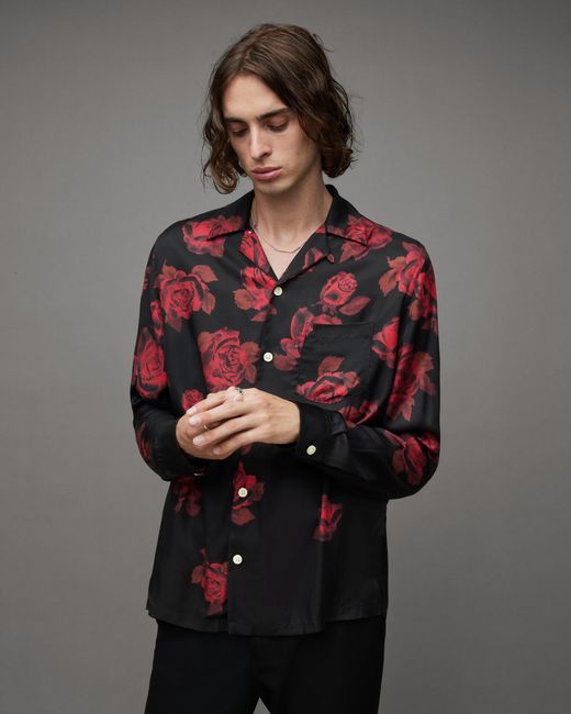 AllSaints Gray Thorn Floral Printed Long Sleeve Shirt for men