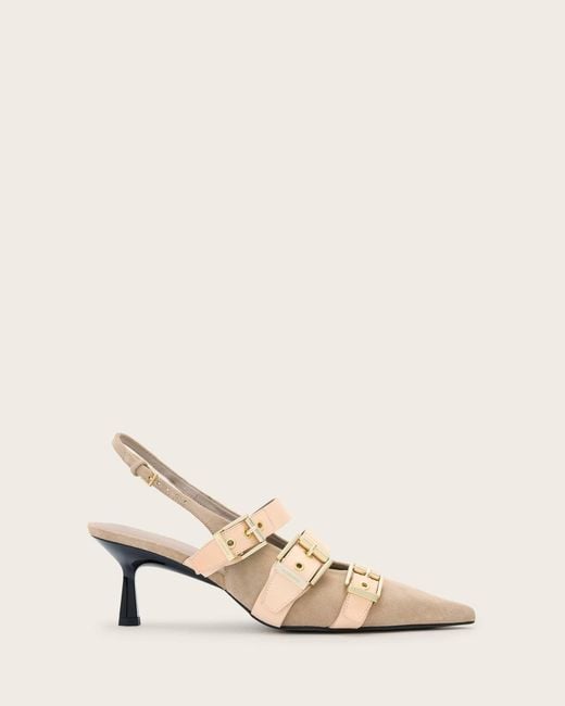 AllSaints Natural Cow Suede Vivian Leather Buckle Slingback Heels, Us 7/ Eu 37