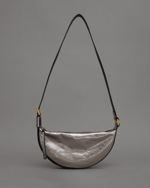 AllSaints Gray Half Moon Metallic Leather Crossbody Bag