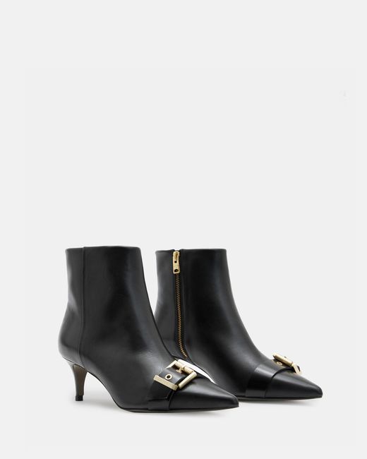 AllSaints Black Rebecca Pointed Toe Leather Buckle Boots