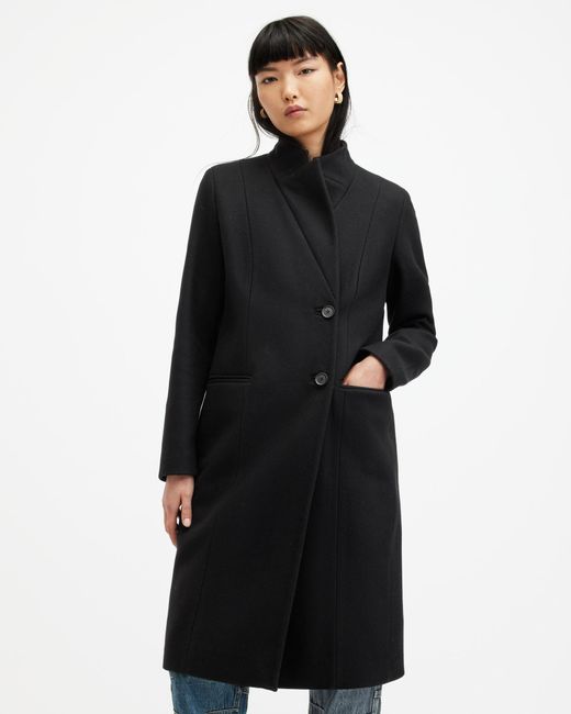 AllSaints Black Sidney Wool Cashmere Blend Tailored Coat