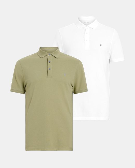 AllSaints Green Reform Short Sleeve Polo Shirts 2 Pack, for men
