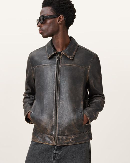 AllSaints Alkan Zip Up Two Tone Leather Jacket in Gray for AllSaints Alkan Zip Up Two Tone Leather Jacket in Gray for